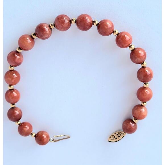 14K Vintage Red Jade Jadeite + Gold Bead Bracelet FREE SHIPPING - Picture 4 of 7